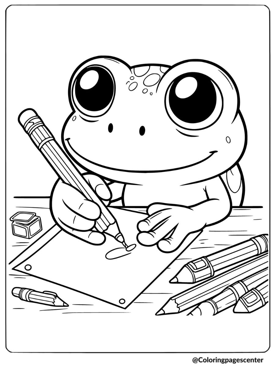 Frog happily drawing with pencil coloring page