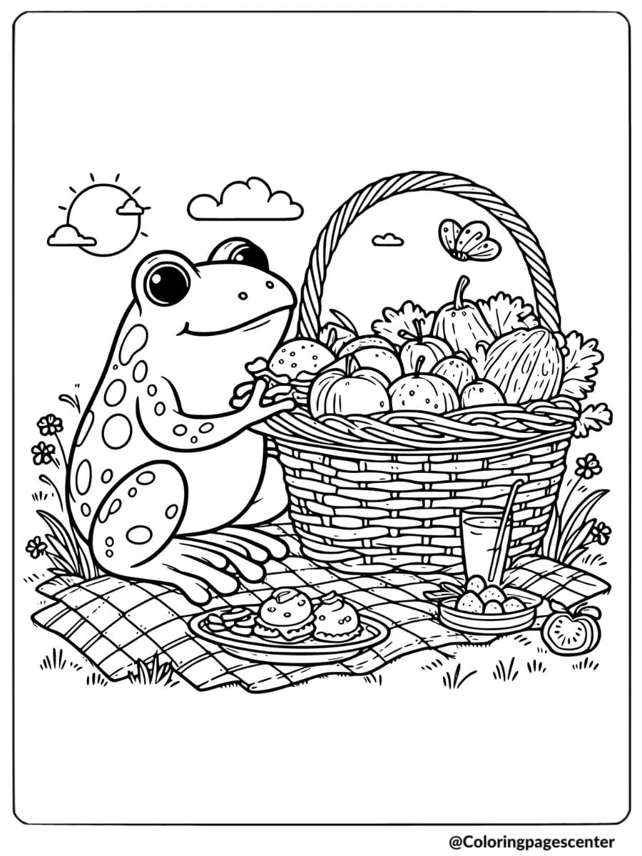 Frog with picnic basket on a sunny day coloring page