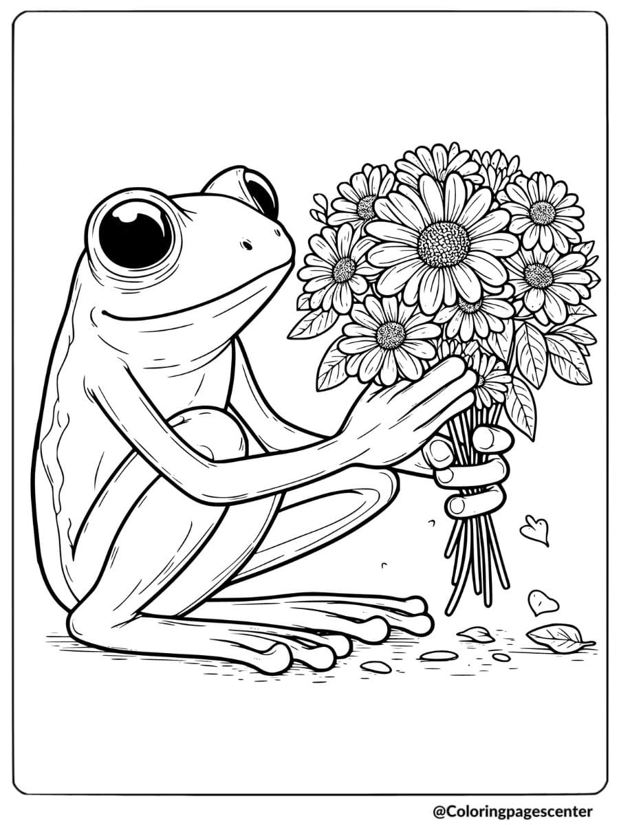 Frog holding a bouquet of flowers coloring page