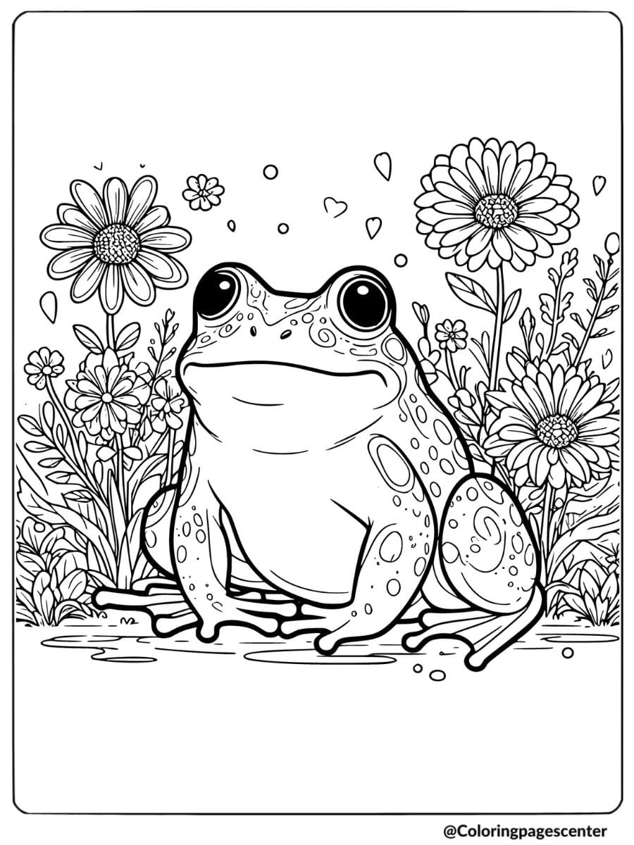 Frog surrounded by flowers coloring page