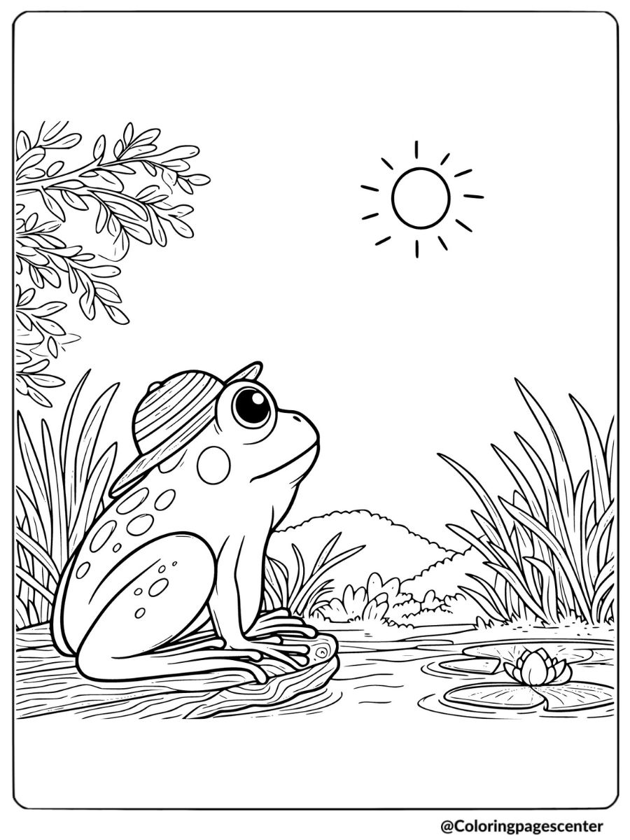 Frog enjoying sunny day by pond coloring page