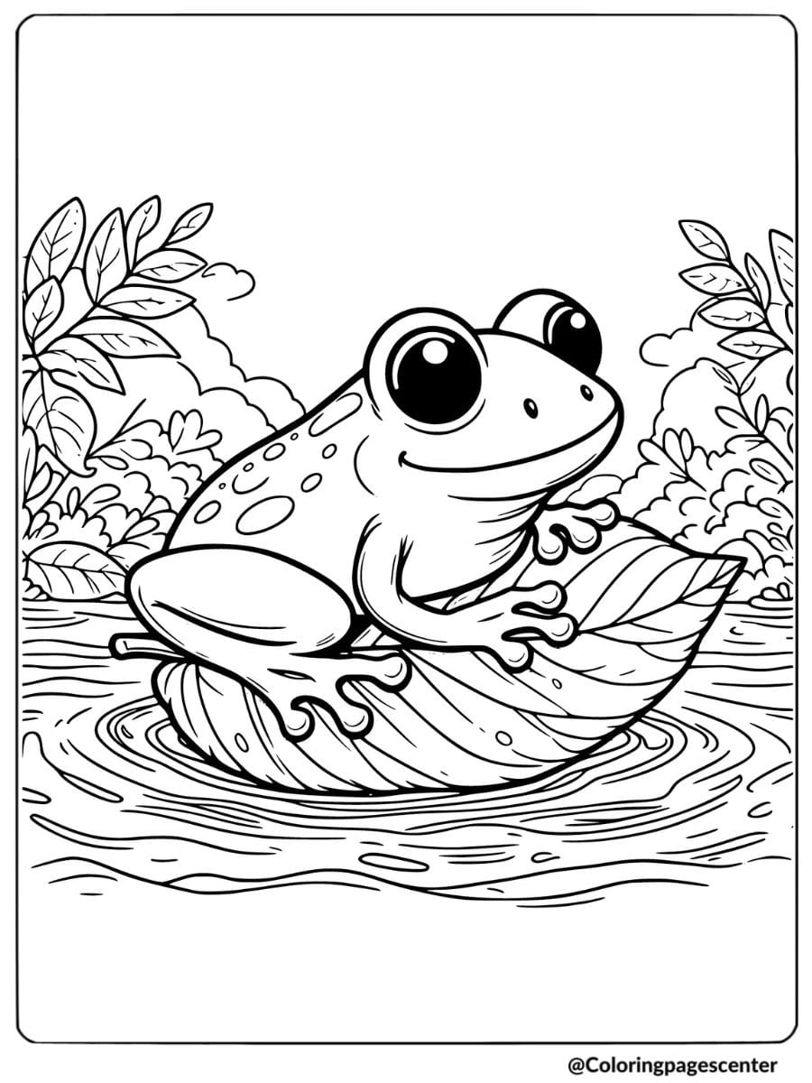 Smiling frog floating on a leaf coloring page