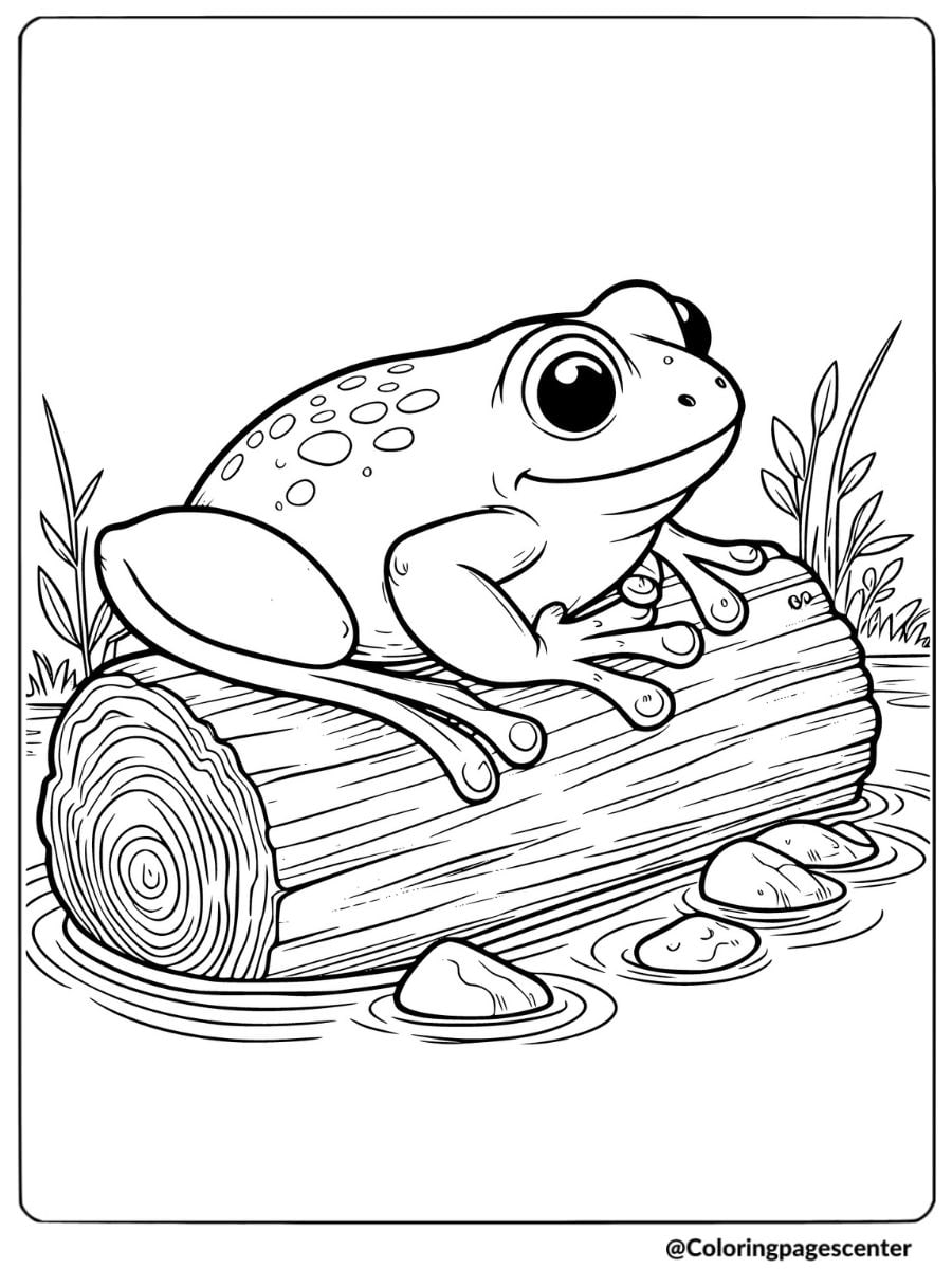 Cute frog resting on a log coloring page