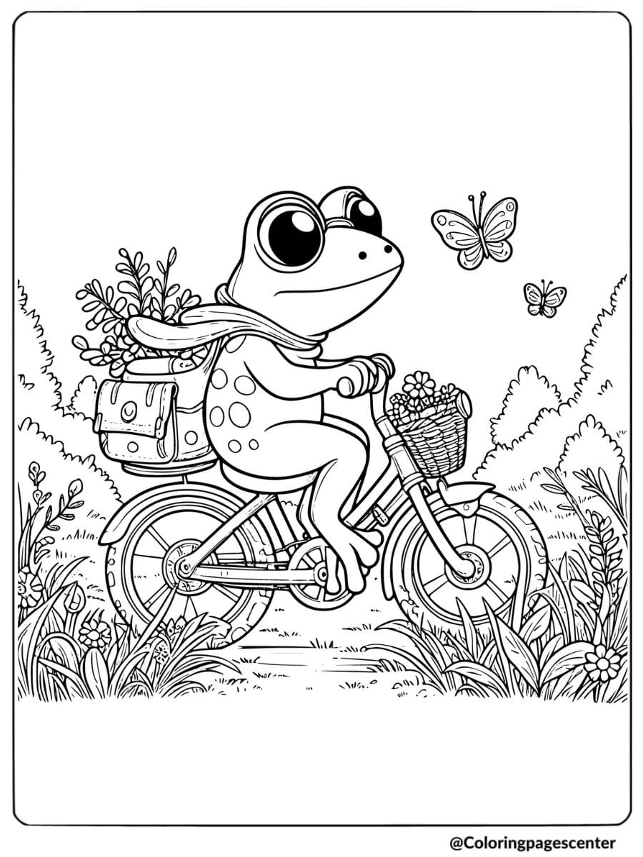 Frog riding a bicycle with butterflies coloring page