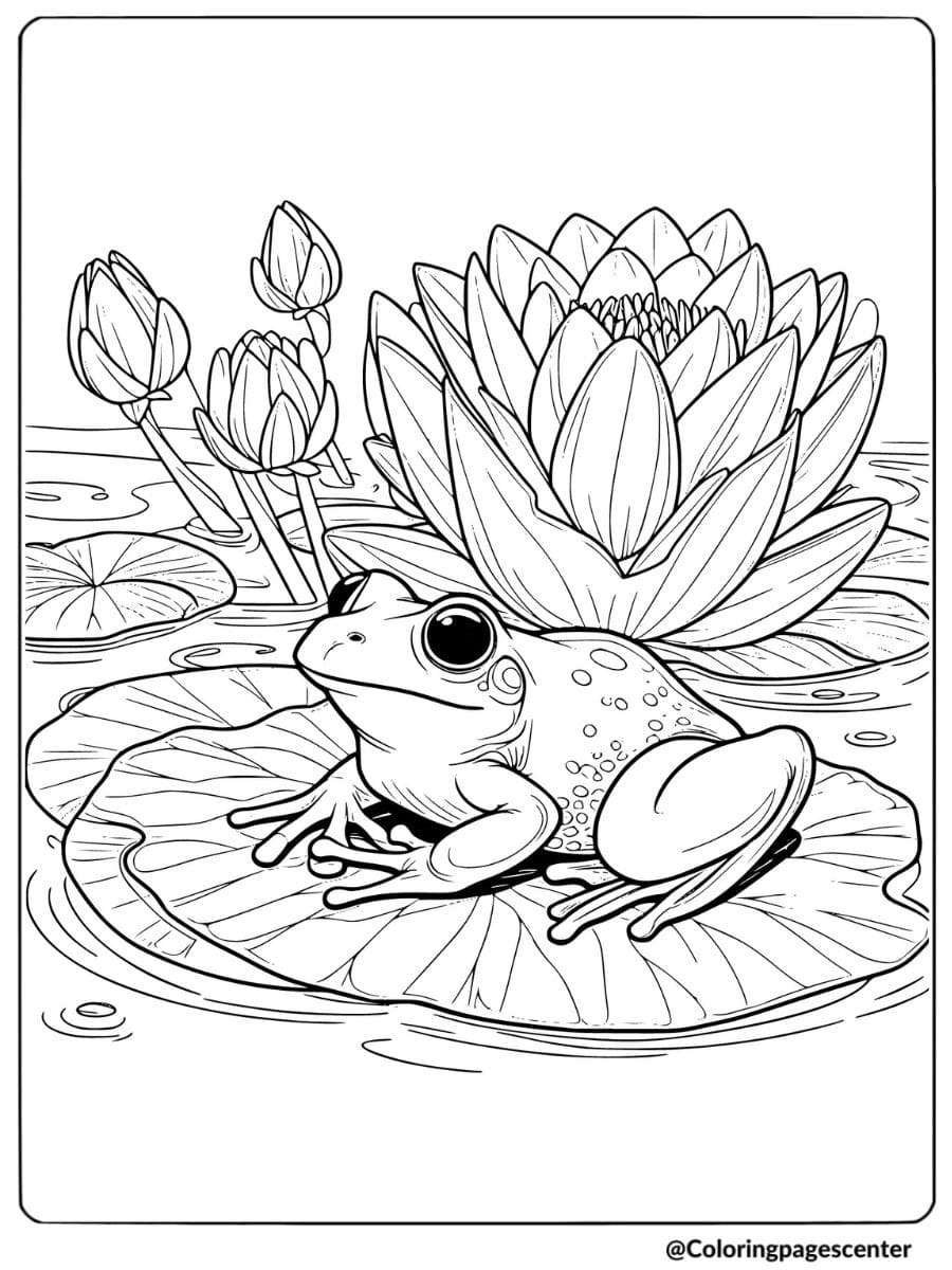 Frog sitting on a lily pad in a pond coloring page