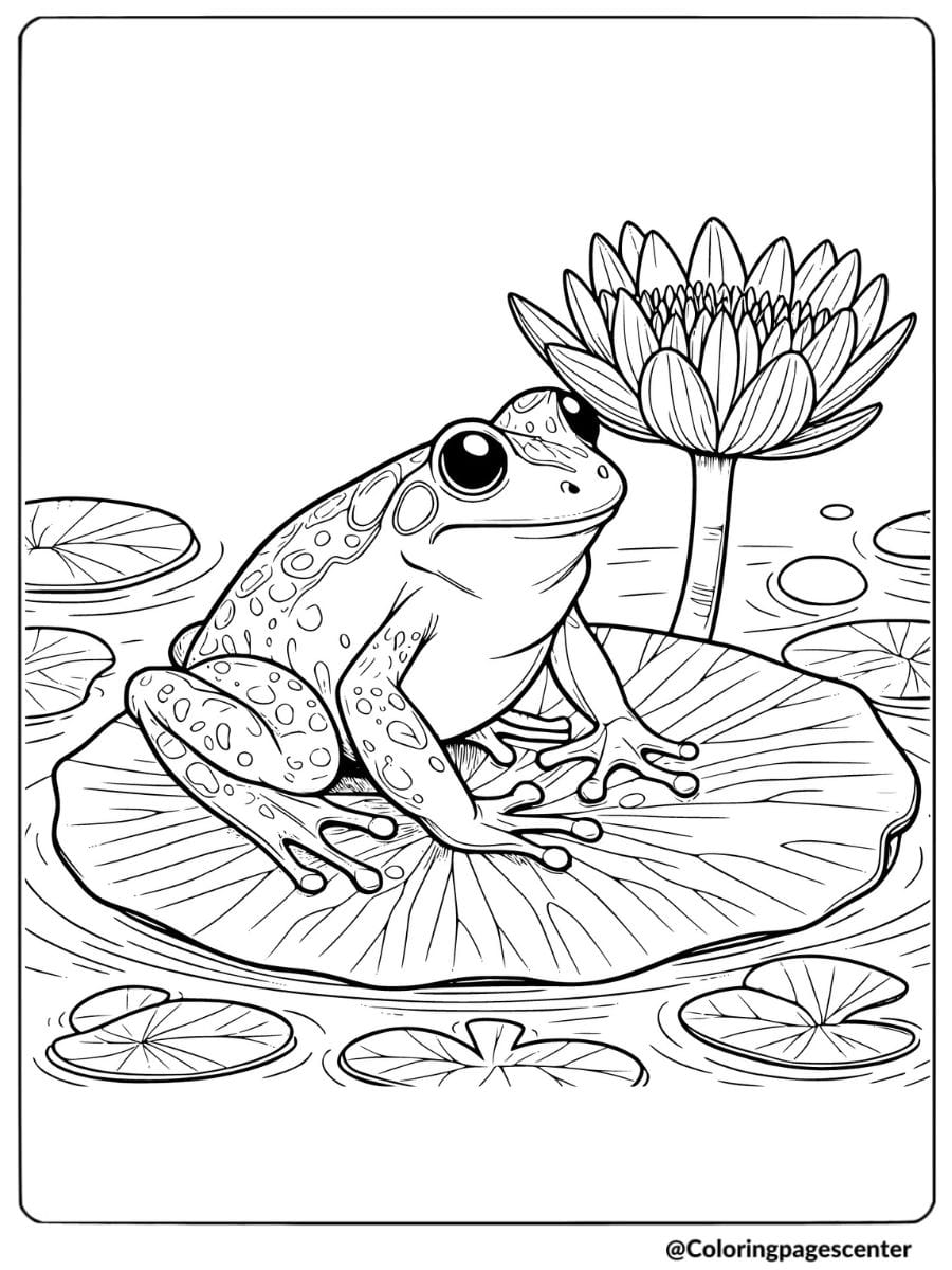 Frog sitting on lily pad with flower coloring page