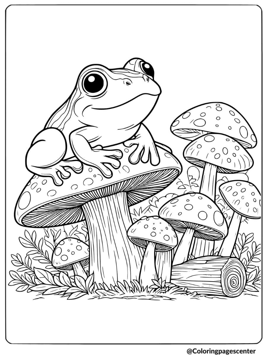 Frog sitting on a group of mushrooms coloring page