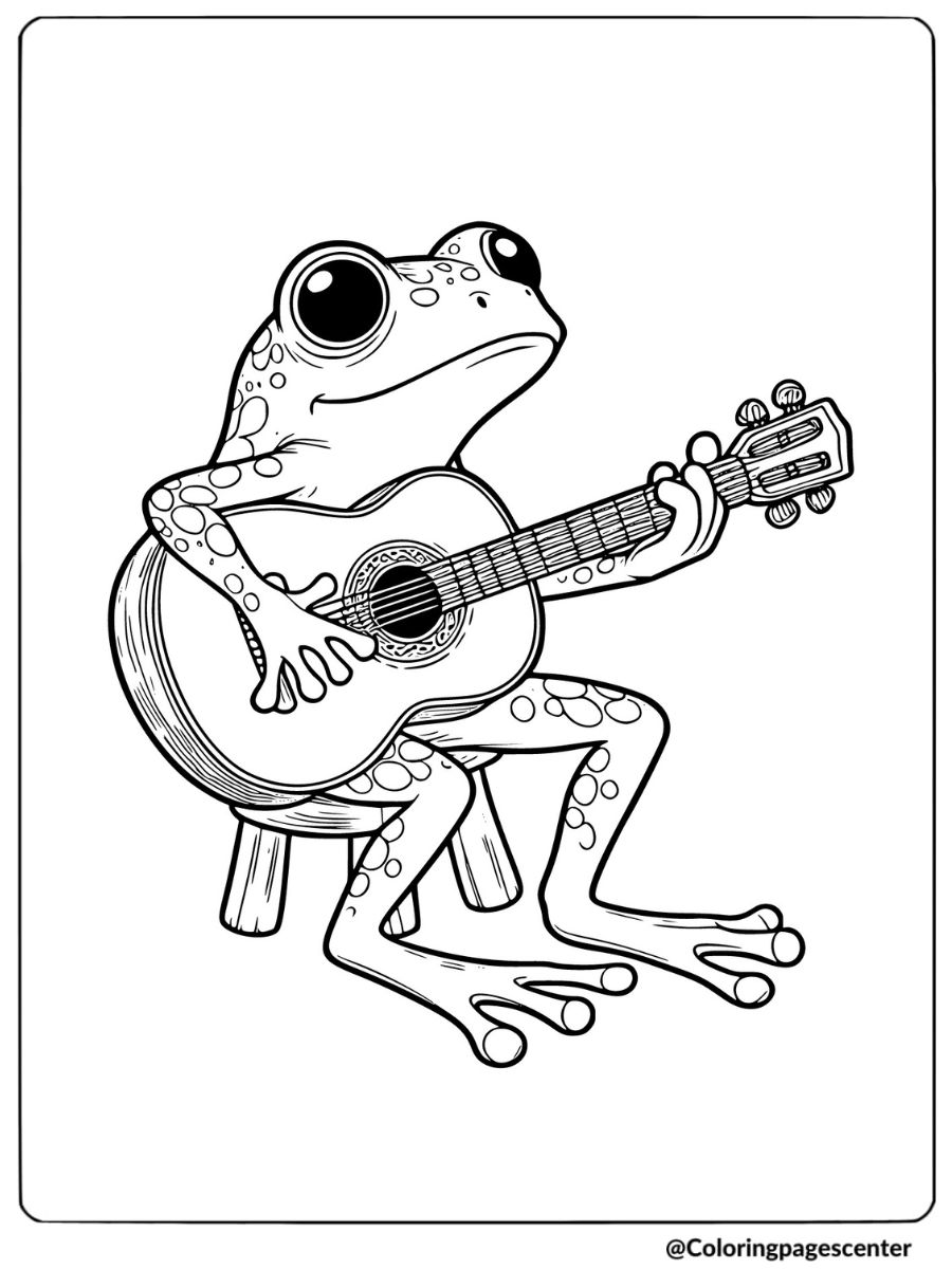 Frog playing guitar on a stool coloring page