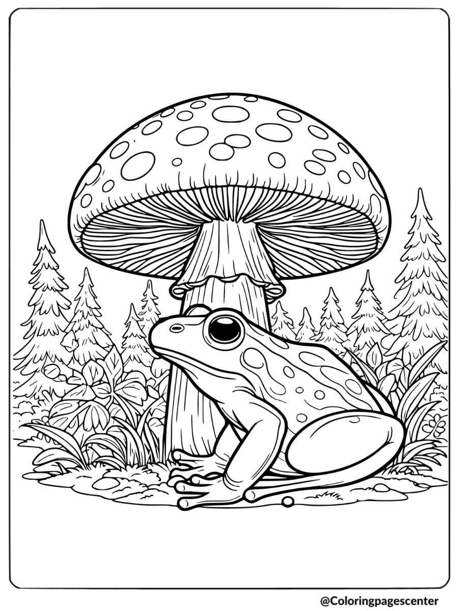 Frog sitting under a large mushroom coloring page