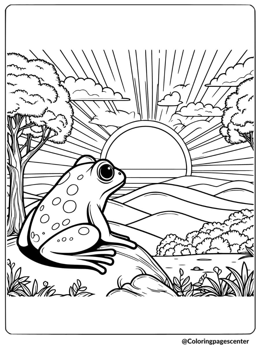 Frog watching a beautiful sunrise coloring page