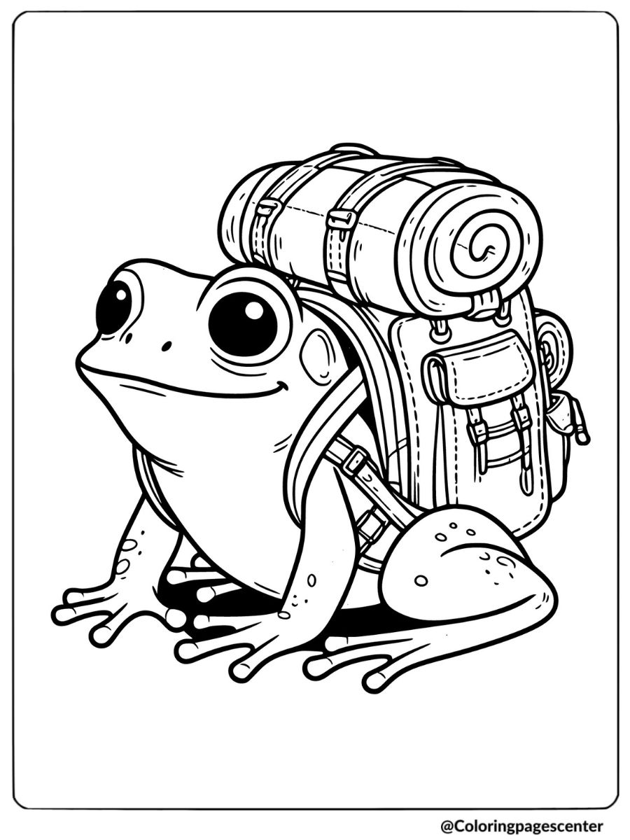 Adventurous frog with backpack coloring page