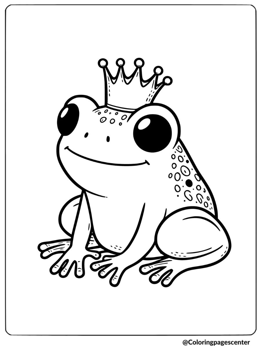 Frog wearing a crown and smiling coloring page