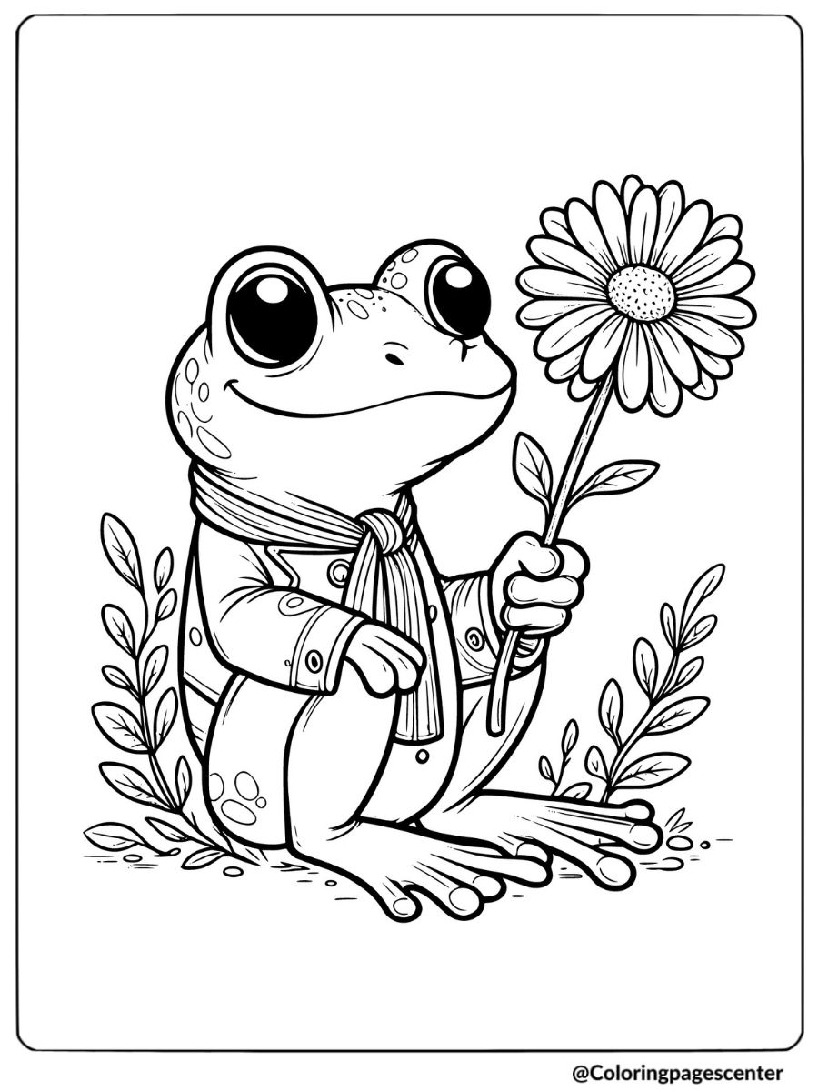 Frog holding a flower and smiling coloring page