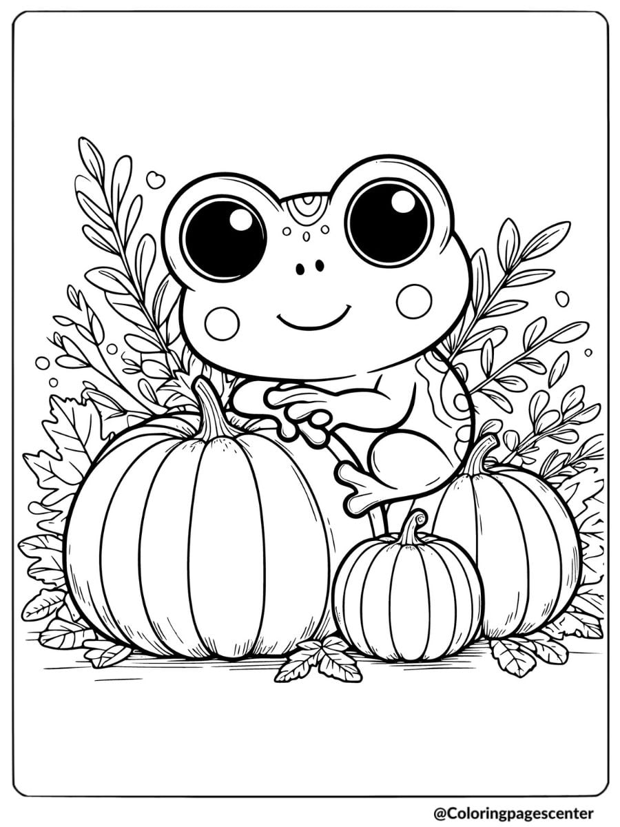 Smiling frog sitting by pumpkins coloring page