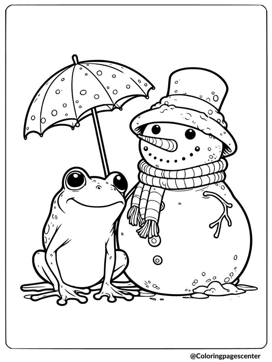 Frog and snowman together with umbrella coloring page