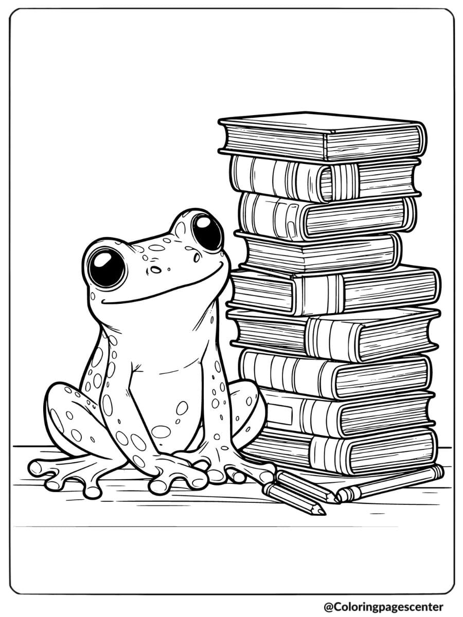 Frog sitting beside a stack of books coloring page