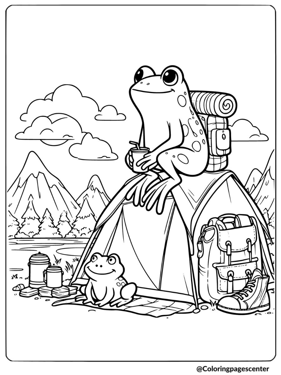 Two frogs relaxing at a campsite coloring page