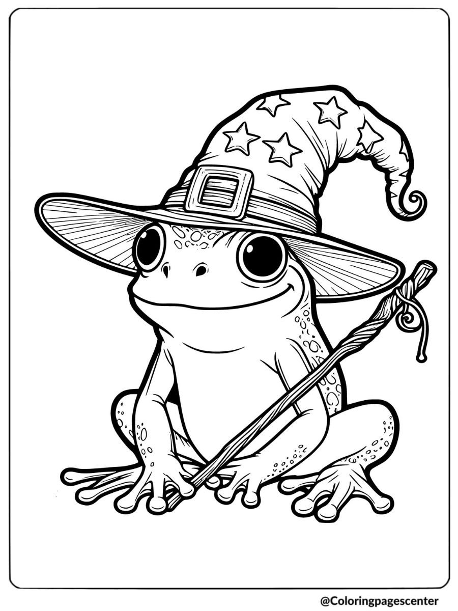 Frog dressed as a wizard with hat coloring page