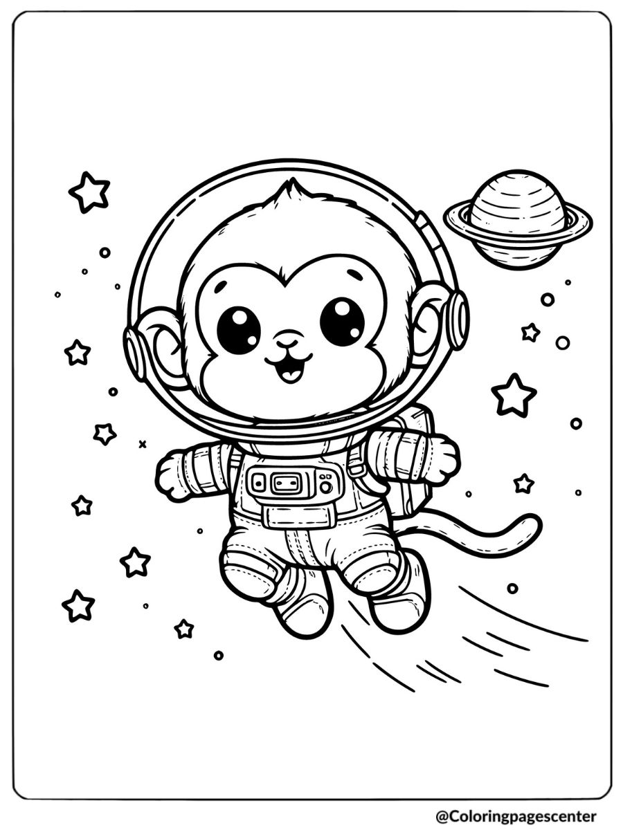 Funny monkey astronaut floating in space coloring page