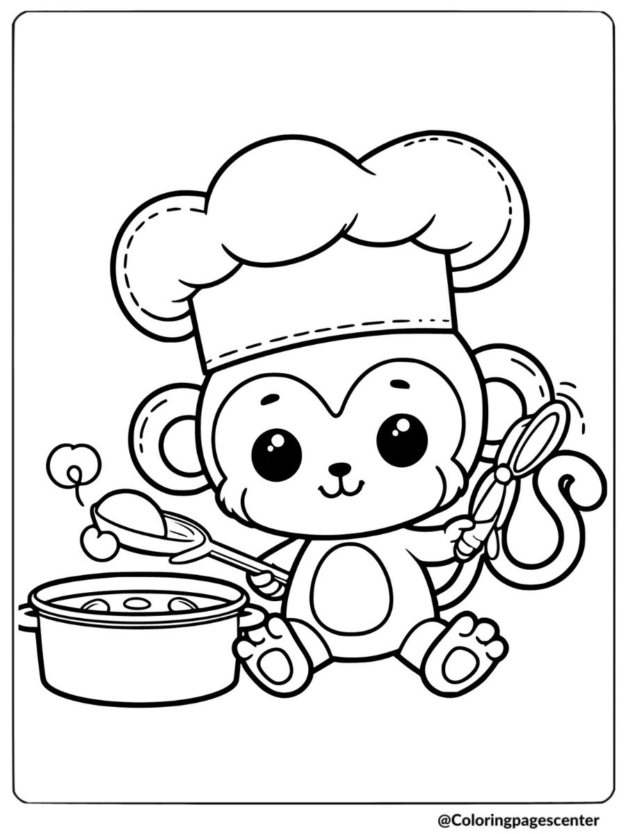 Funny monkey chef stirring a pot in coloring page