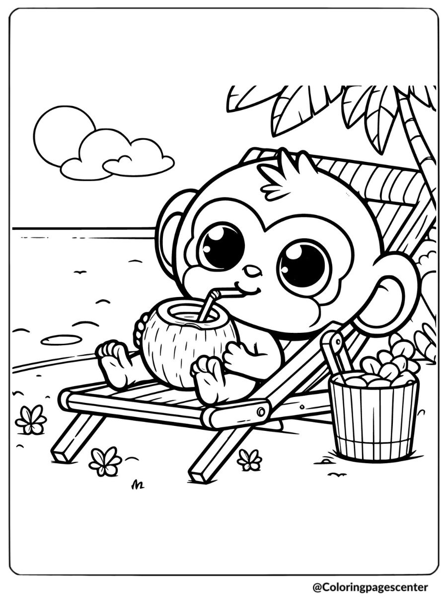 Funny monkey on beach chair drinking coconut coloring page