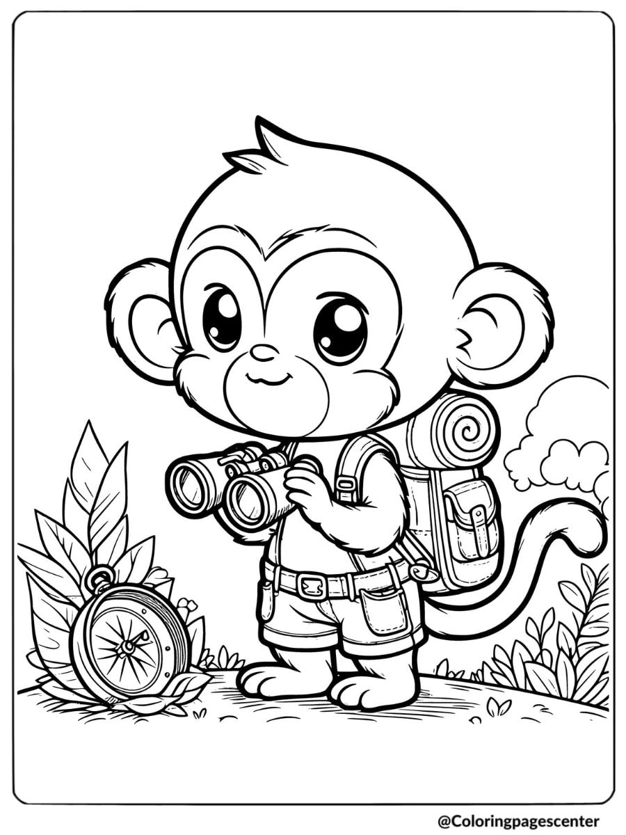 Funny monkey exploring nature with binoculars coloring page