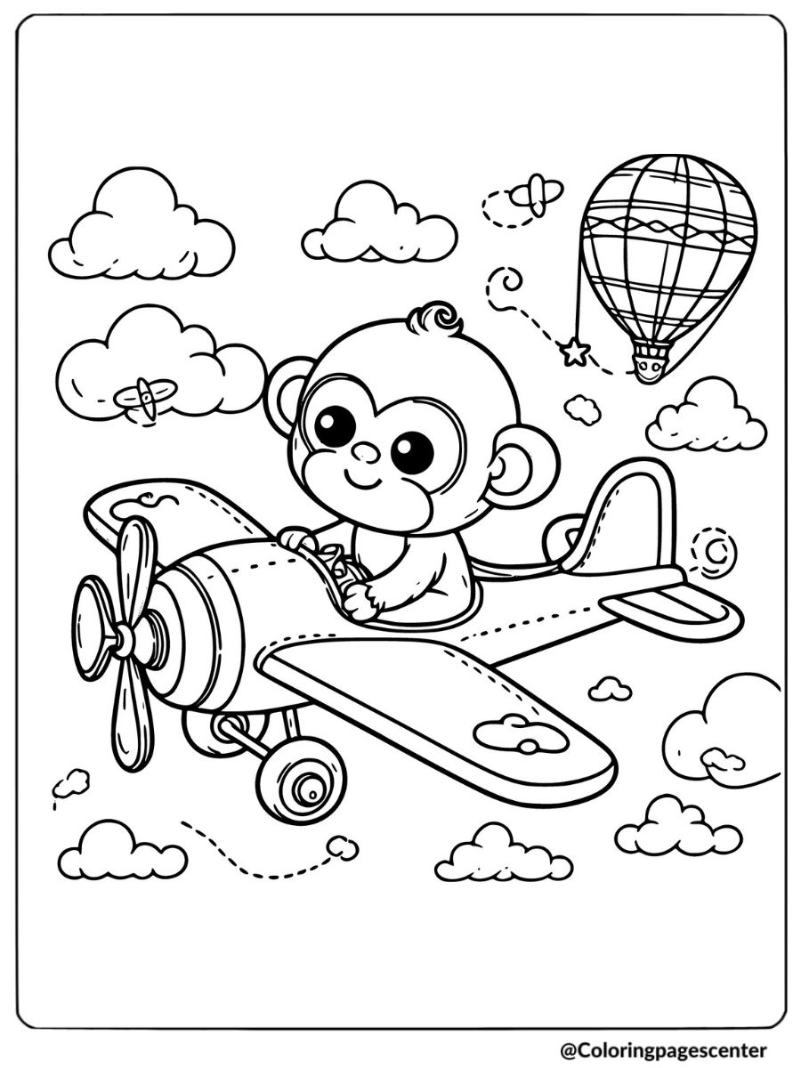 Funny monkey flying an airplane in sky coloring page