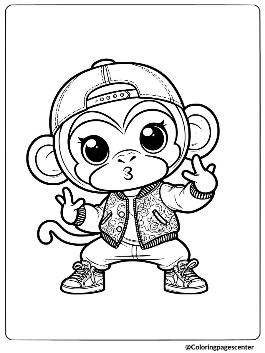 Funny monkey in hip-hop outfit coloring page