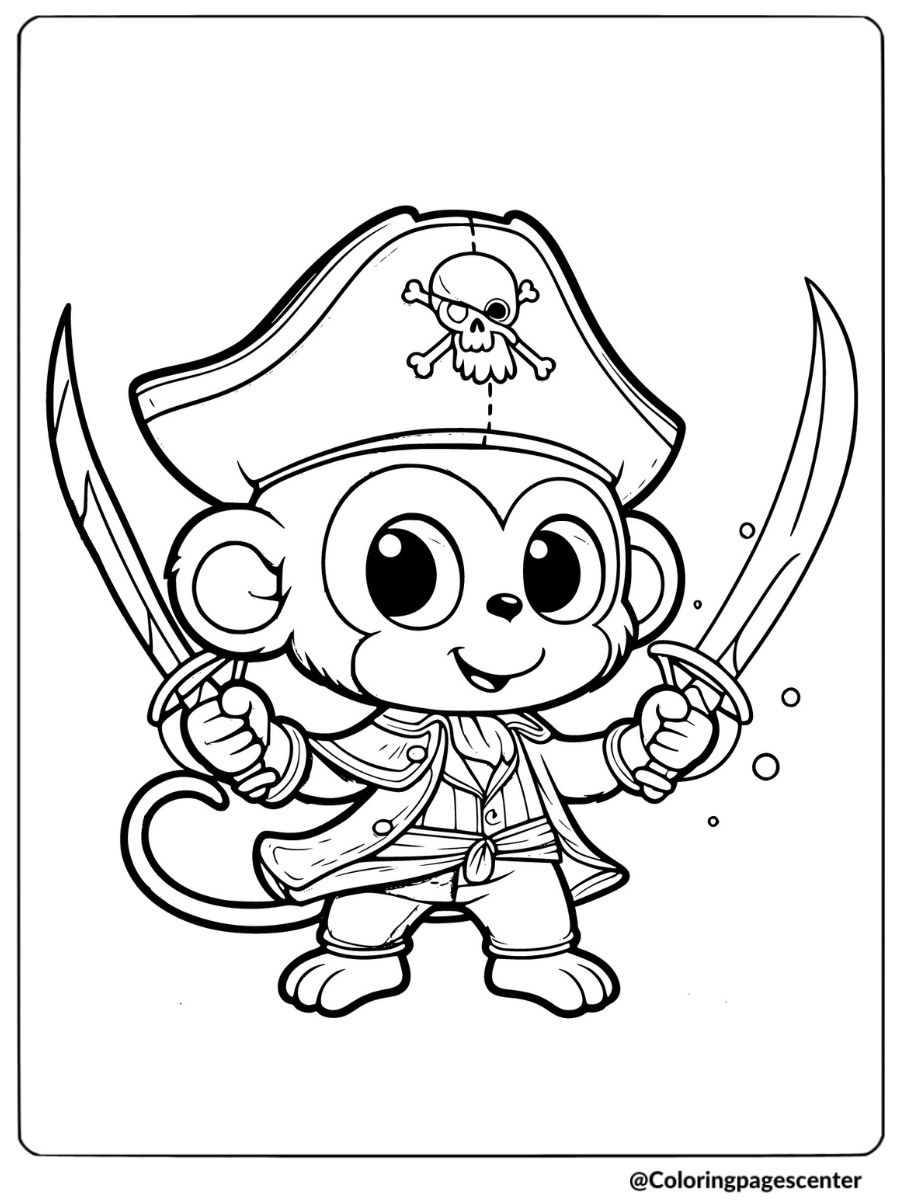 Funny monkey dressed as pirate with swords coloring page