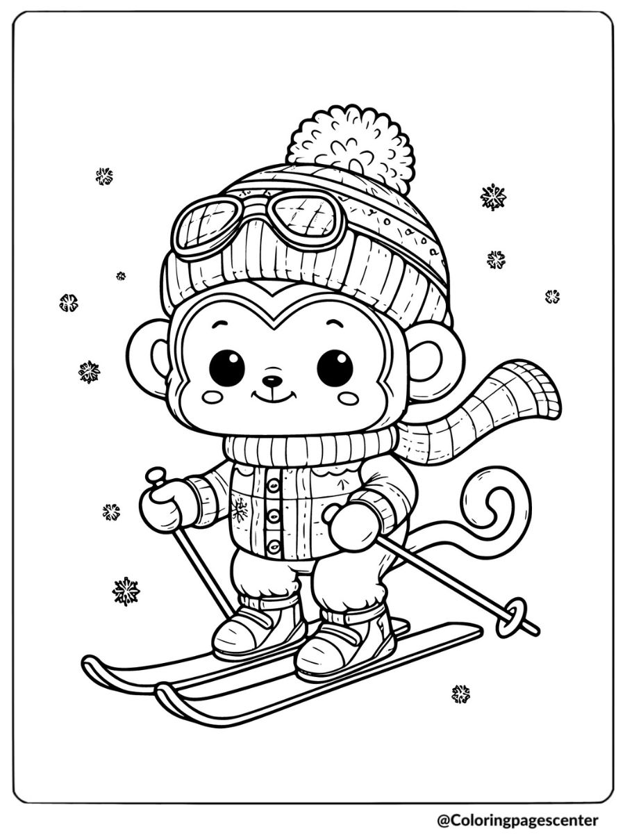 Funny monkey skiing in winter outfit in coloring page