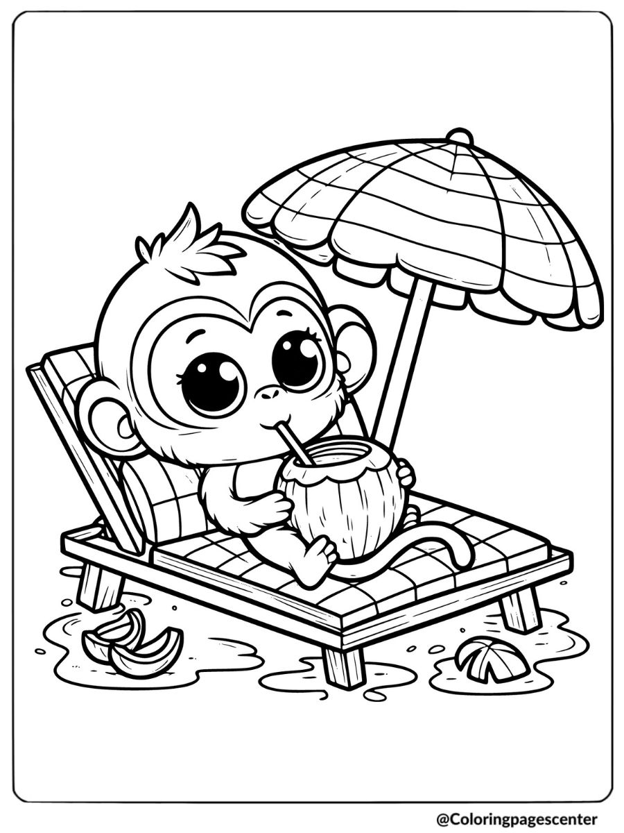 Funny monkey relaxing with coconut drink on beach coloring page