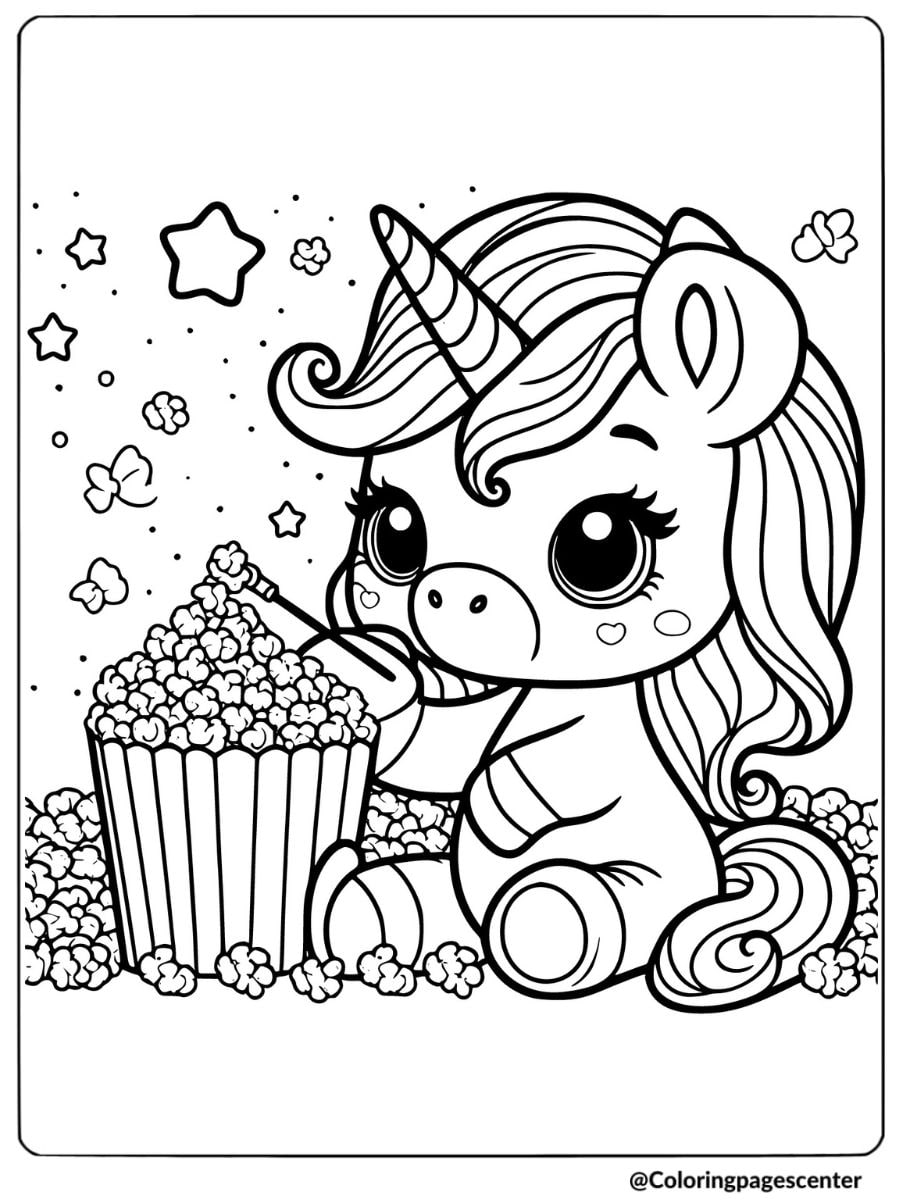 A funny unicorn eating popcorn coloring page