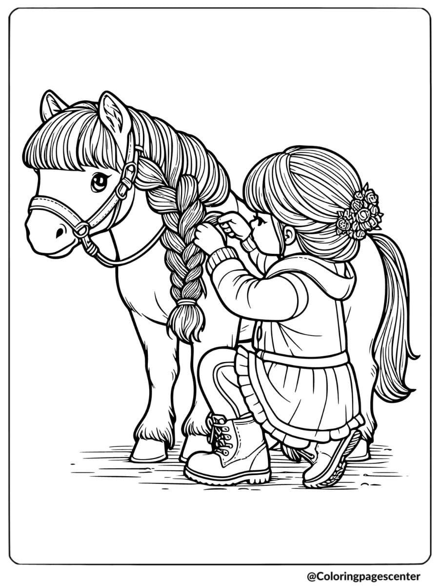 Girl carefully braiding her horse’s mane coloring page