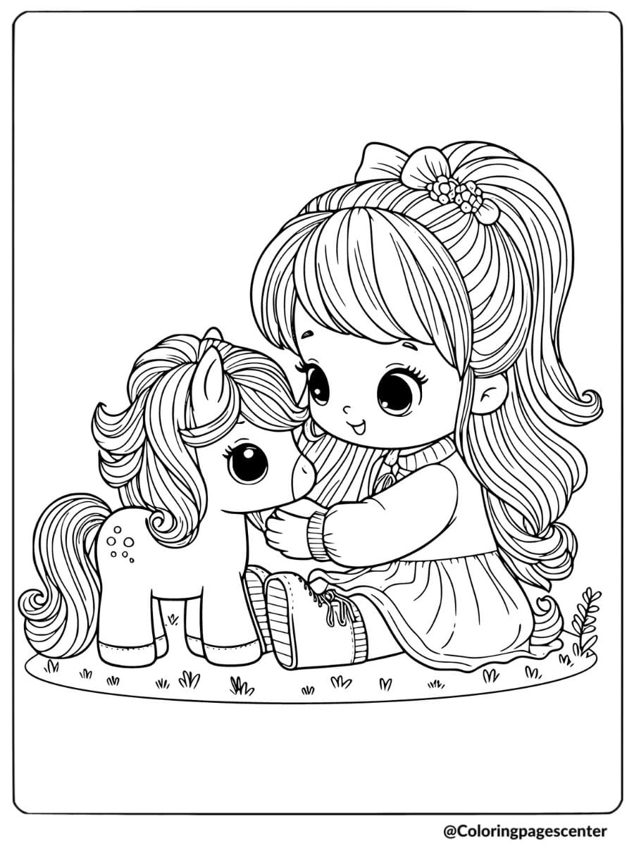 Sweet girl hugging her horse coloring page