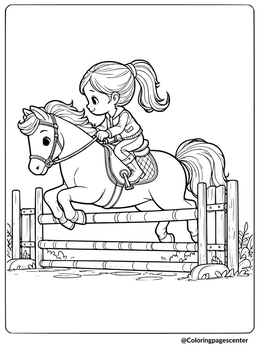 Girl jumping with her horse over a fence coloring page