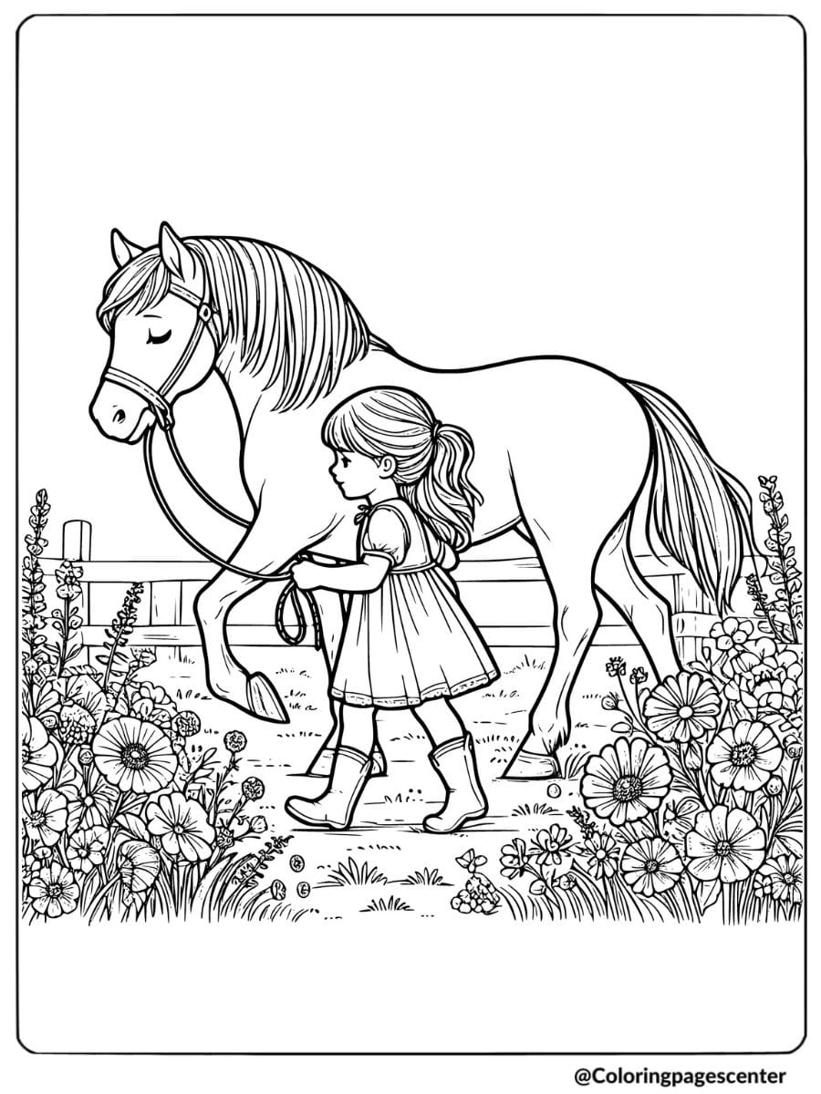 Little girl leading her horse coloring page