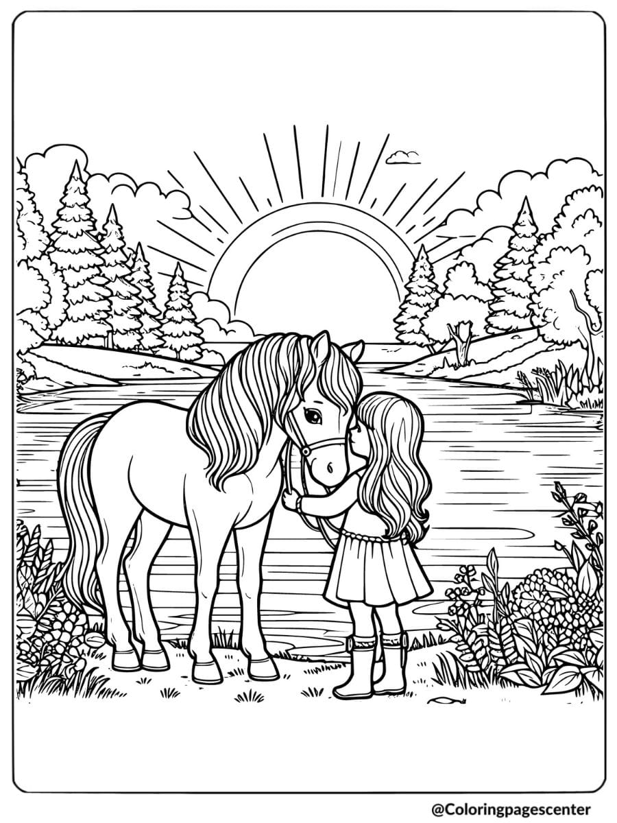 Little girl petting her horse near a calm lake coloring page