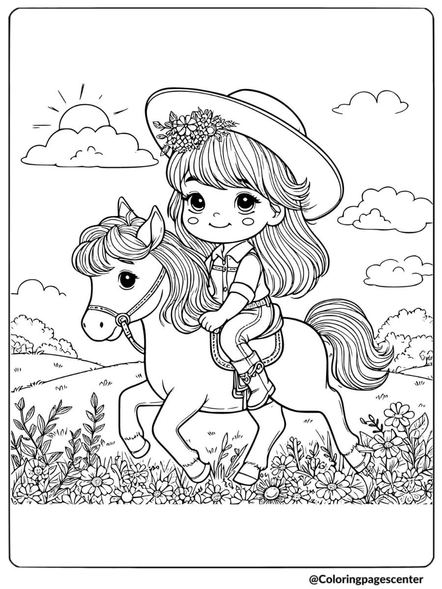 Happy girl riding her horse in a flower field coloring page