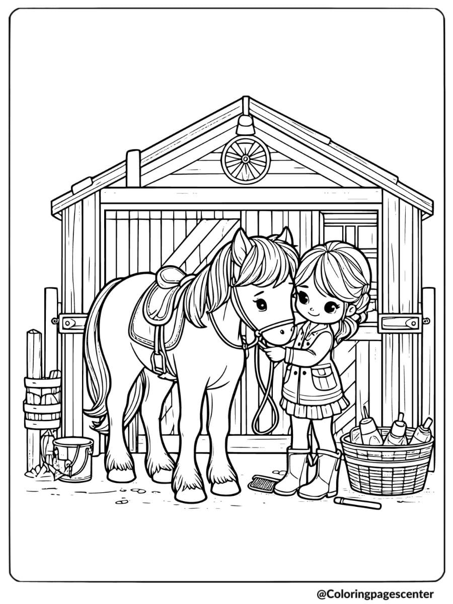 Girl feeding and grooming her horse in the stable coloring page