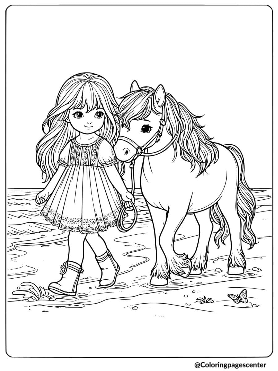 Young girl walking her horse by the sea coloring page