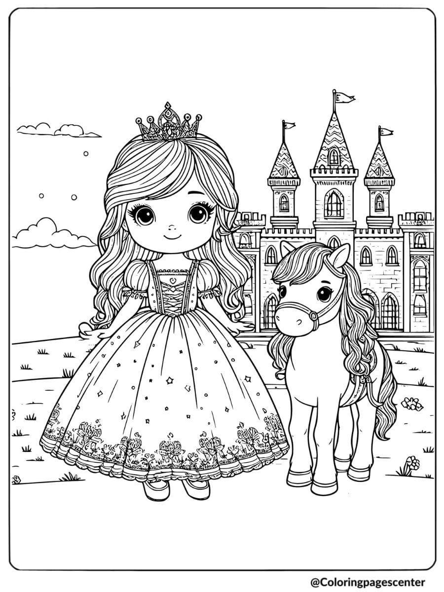 Princess standing with her horse near a castle coloring page