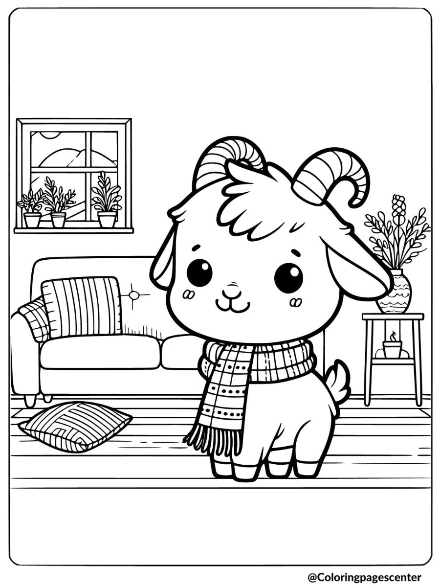 Goat with scarf indoors coloring page