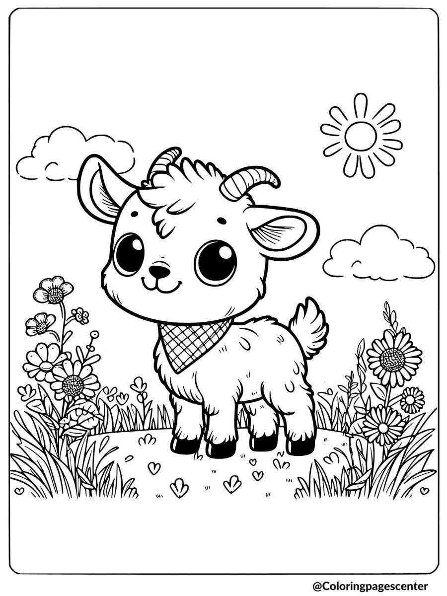 Goat in a meadow with flowers coloring page