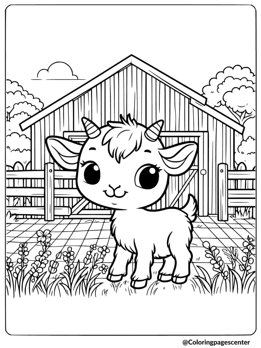 Goat by the barn with flowers coloring page