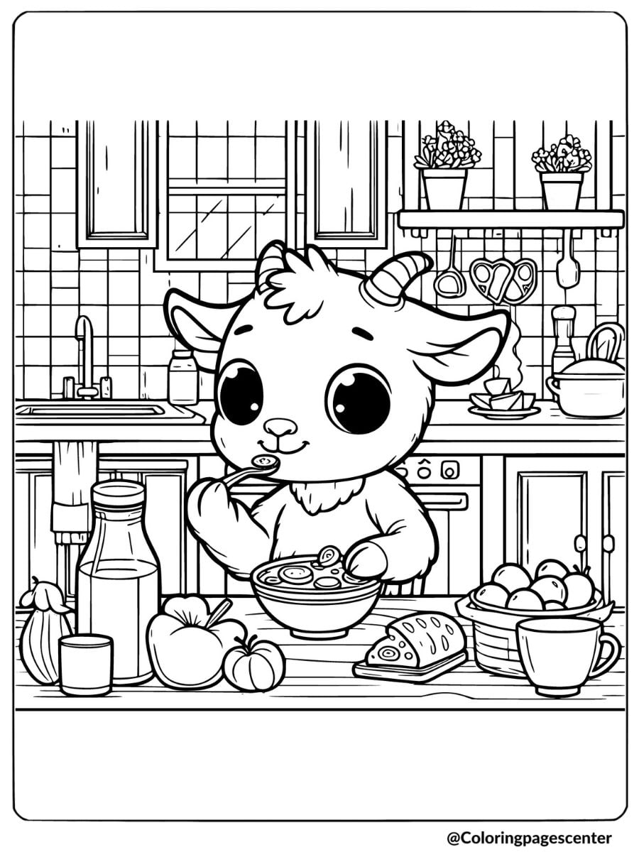 Goat eating breakfast in kitchen coloring page