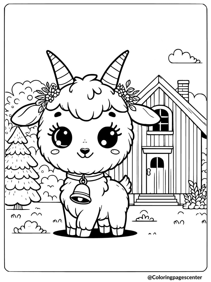 Goat wearing a bell in front of a house coloring page