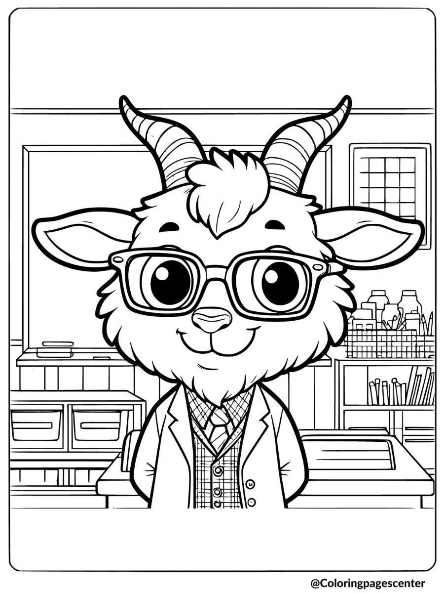 Goat with glasses in a classroom coloring page