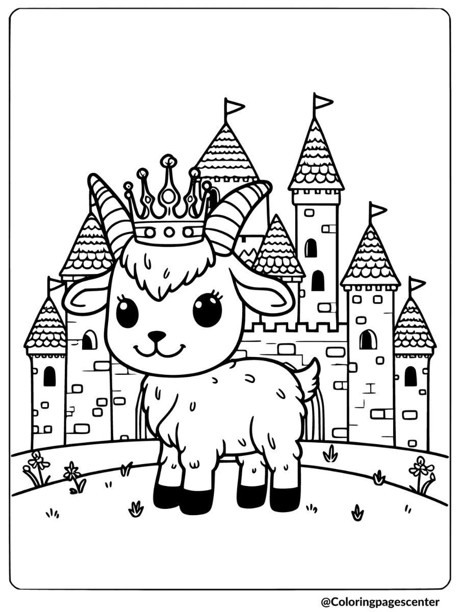 Goat with a crown near castle coloring page