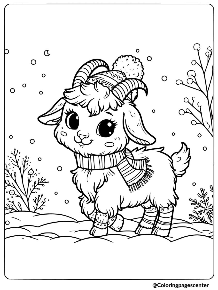 Goat in snow with scarf coloring page