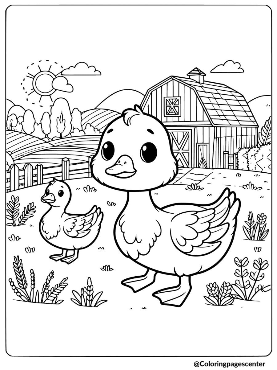 Goose and baby on farm coloring page